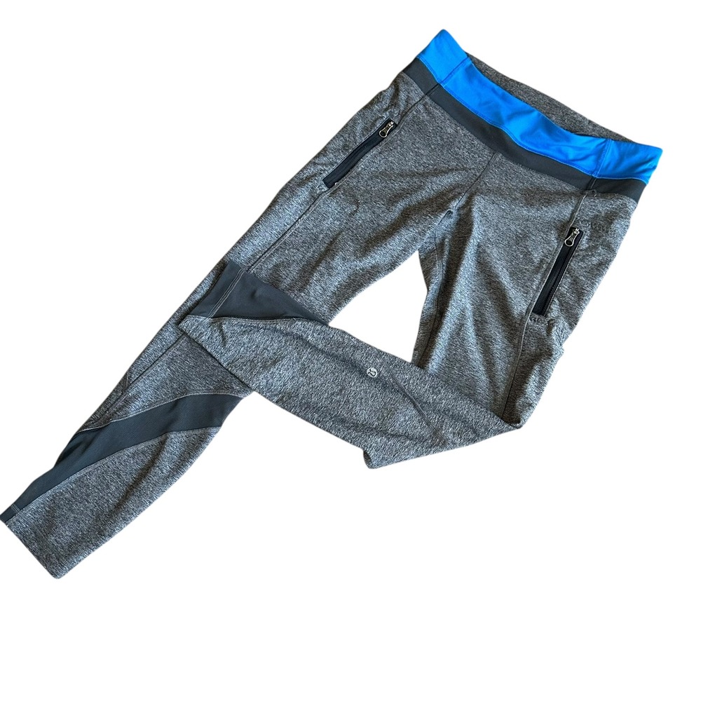 Lululemon Leggings Size 6‎ Gray with Blue Waistband Zippers Pockets Athletic